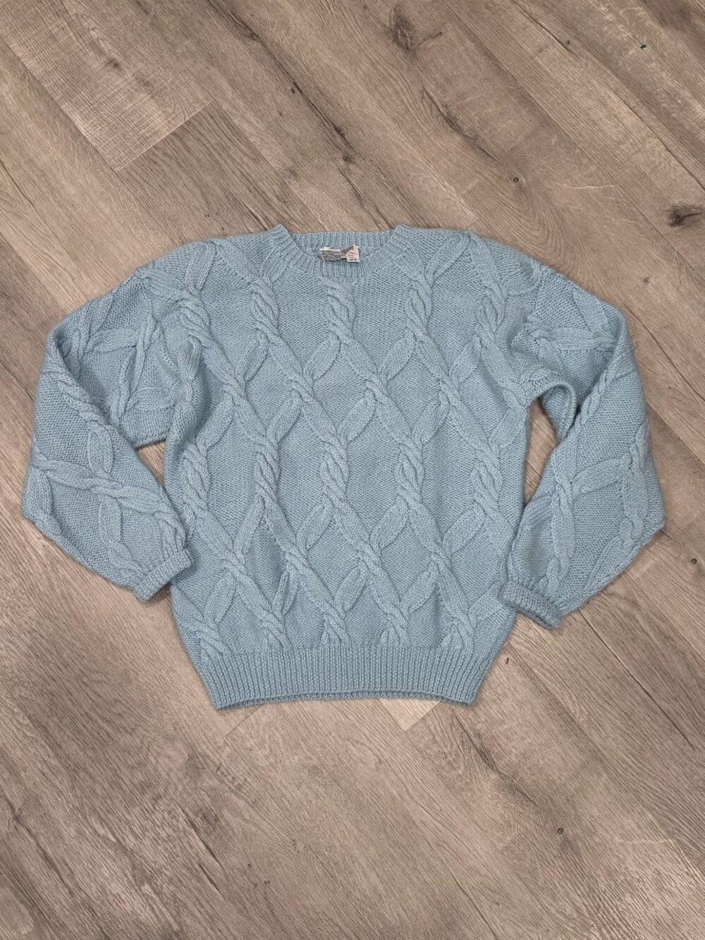 SkyR Light Blue Cable Knit Wool Sweater Crewneck Long Sleeve Vintage Made In Hon